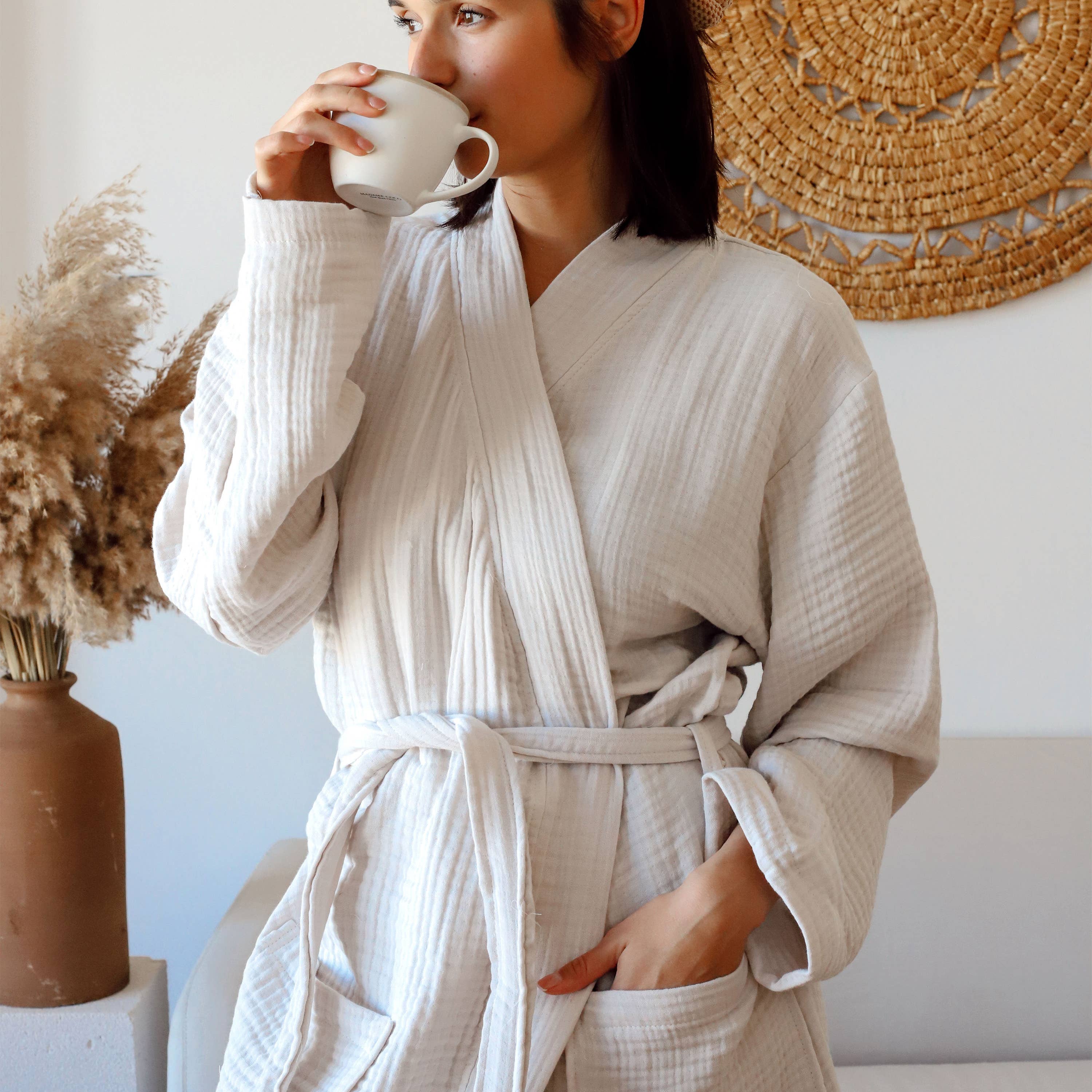 4-Layer Muslin Kimono Robe by VivaMaison | Light Beige