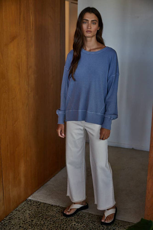 Knit Drop Shoulder Long Sleeve Top by By Together | Dark Cobalt - Zen&Zip