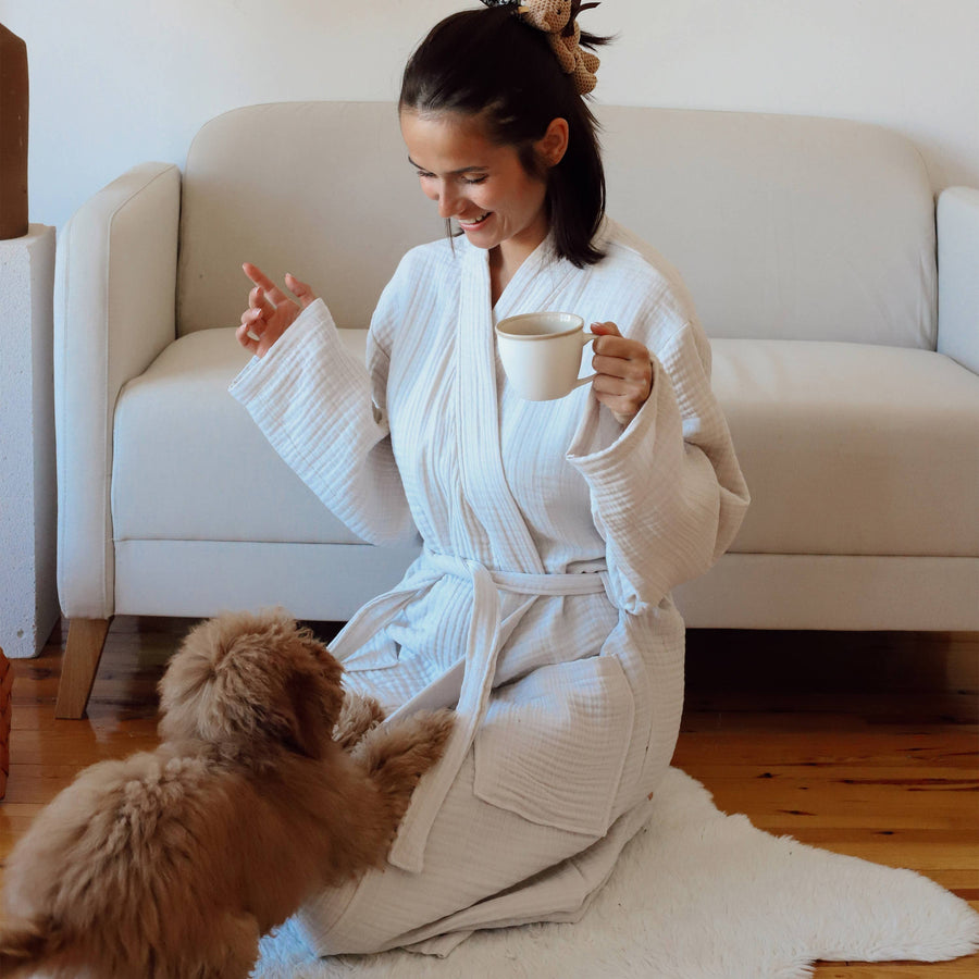 4-Layer Muslin Kimono Robe by VivaMaison | Light Beige