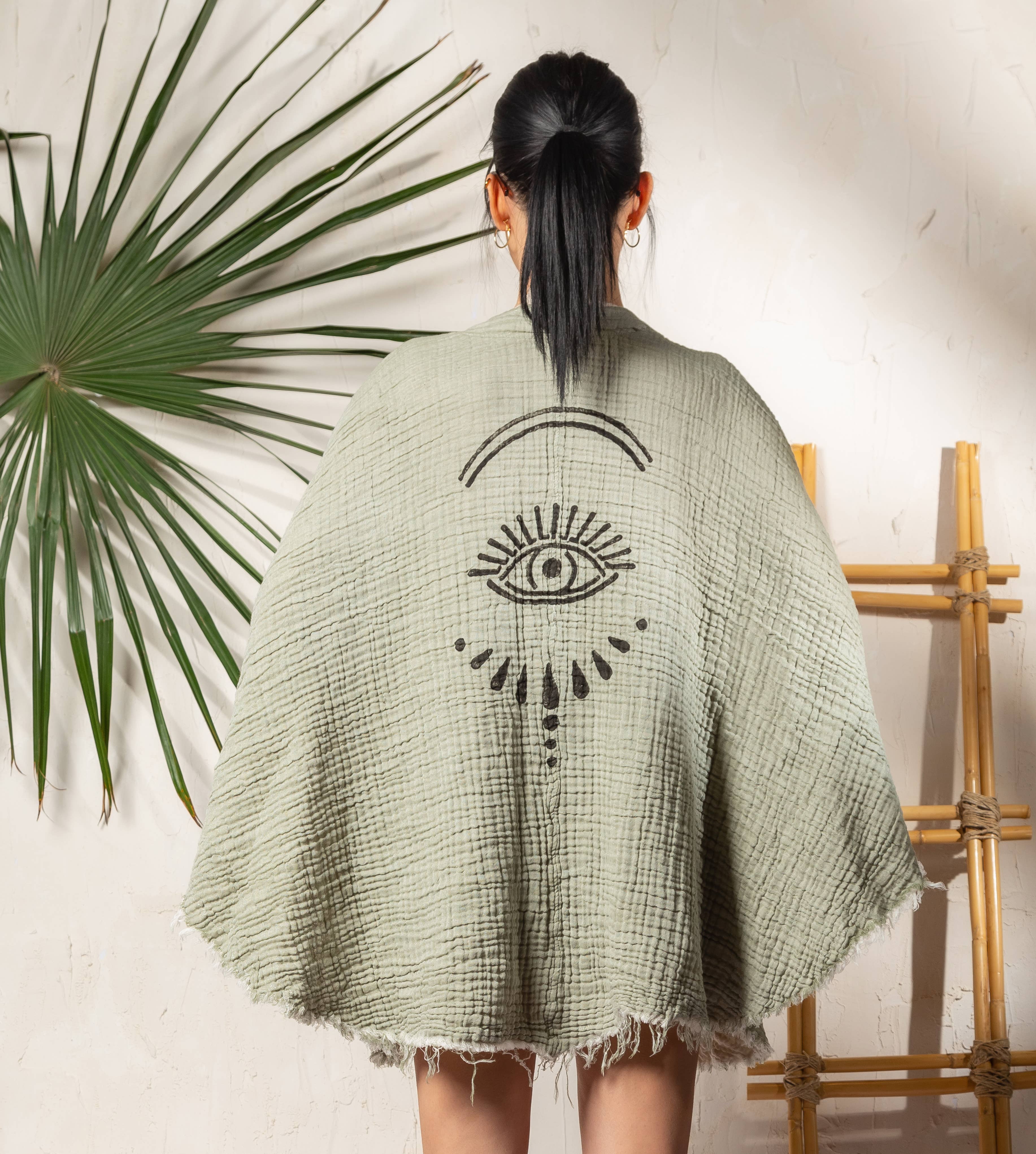 Evil Eye Muslin Kimono Robe / Poncho by Moa | Green - Zen&Zip