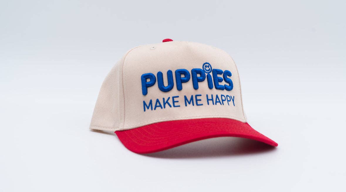 Puppies Make Me Happy 3D Puff Snapback Hat |  Cream/Red