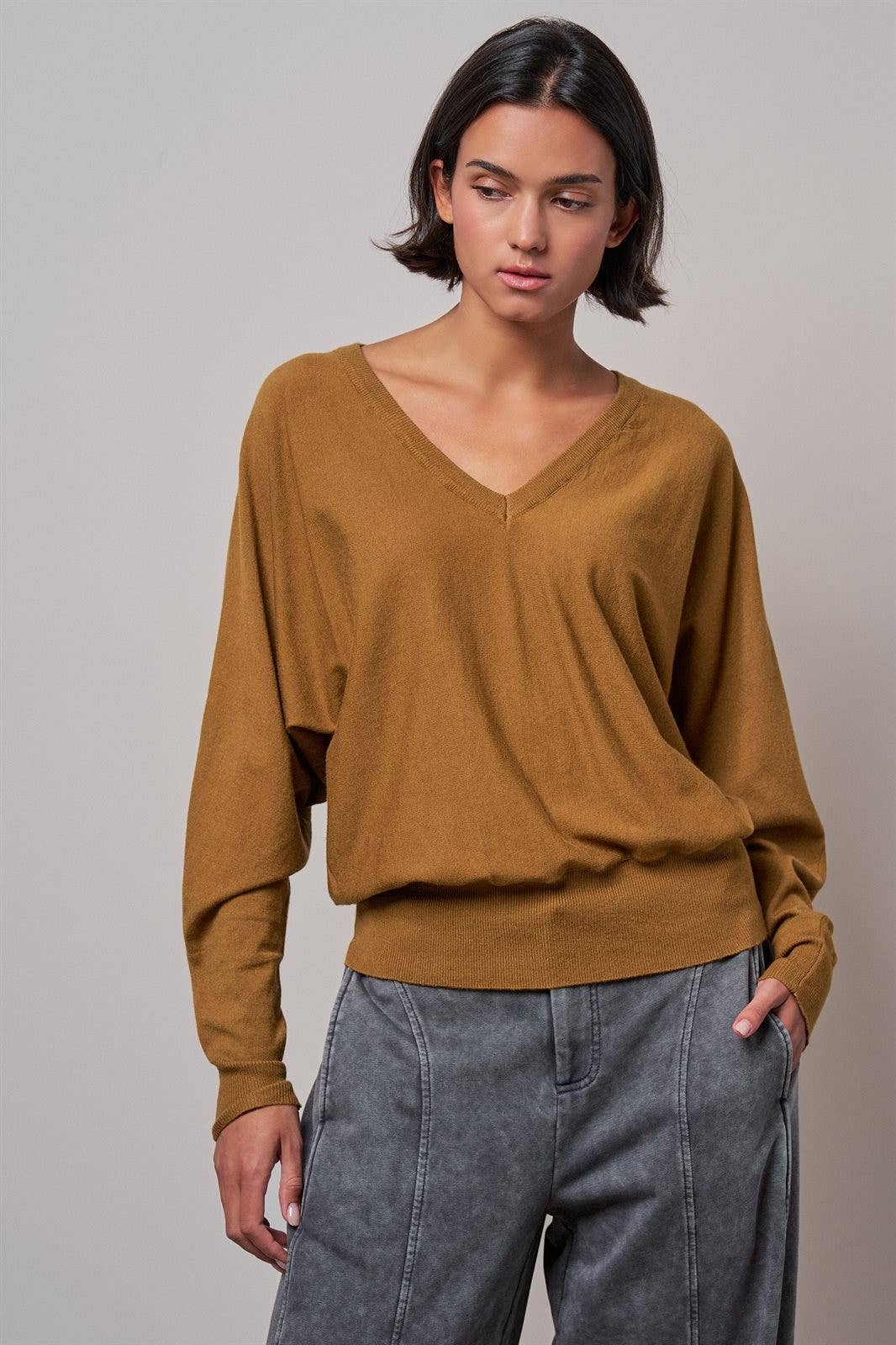 V-Neck Drop Shoulder Sweater by Fashion Week | Caramel