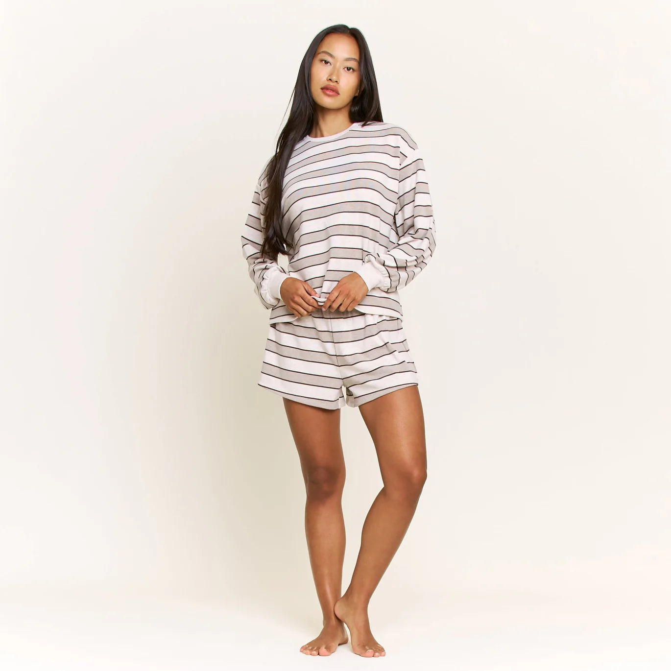 Cozy Era LS Shortie Set by Honeydew | Coffee Stripe
