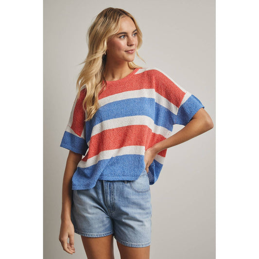 Striped Boxy Sweater Top by Wishlist Apparel | Blue/Red - Zen&Zip