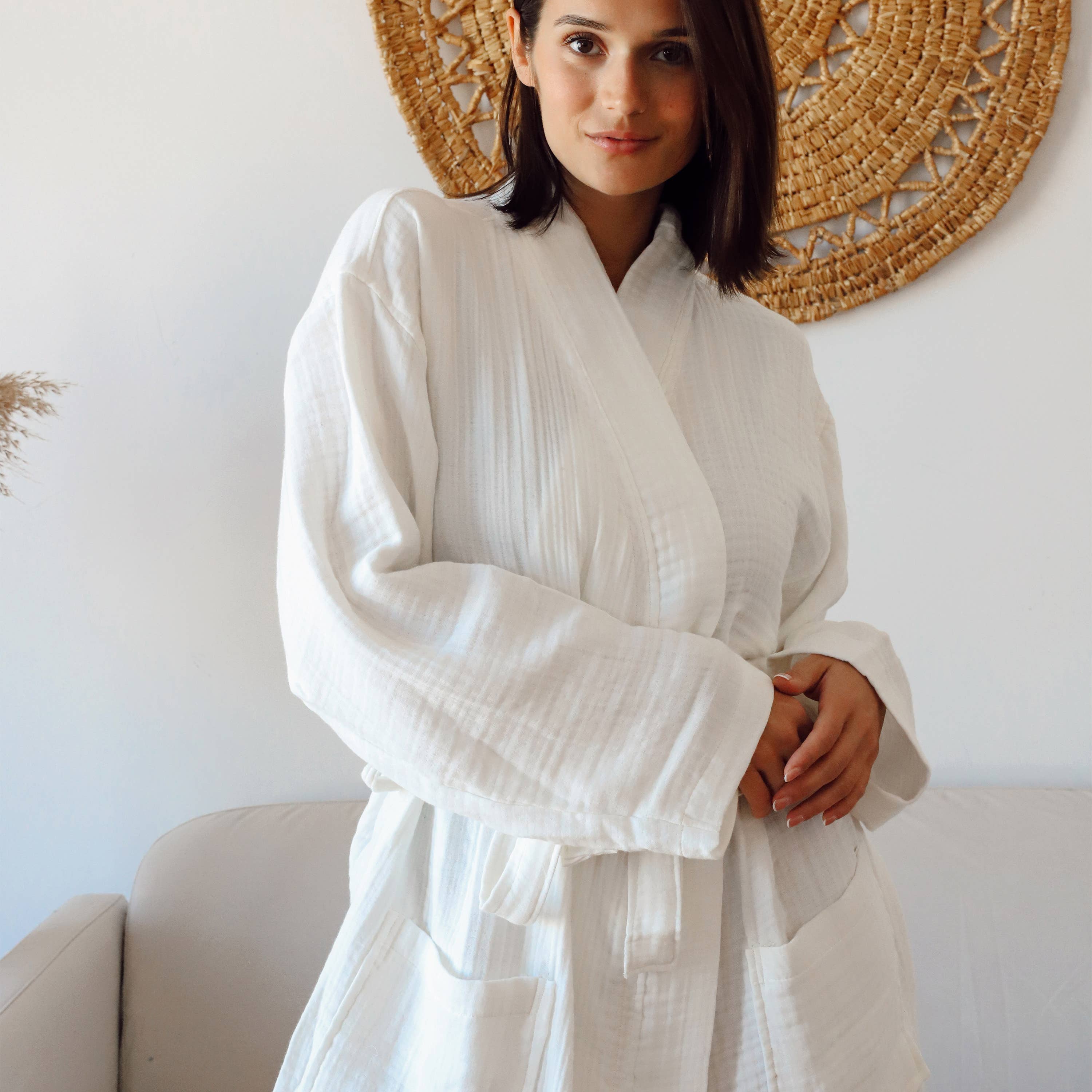 4-Layer Muslin Kimono Robe by VivaMaison | Light Beige