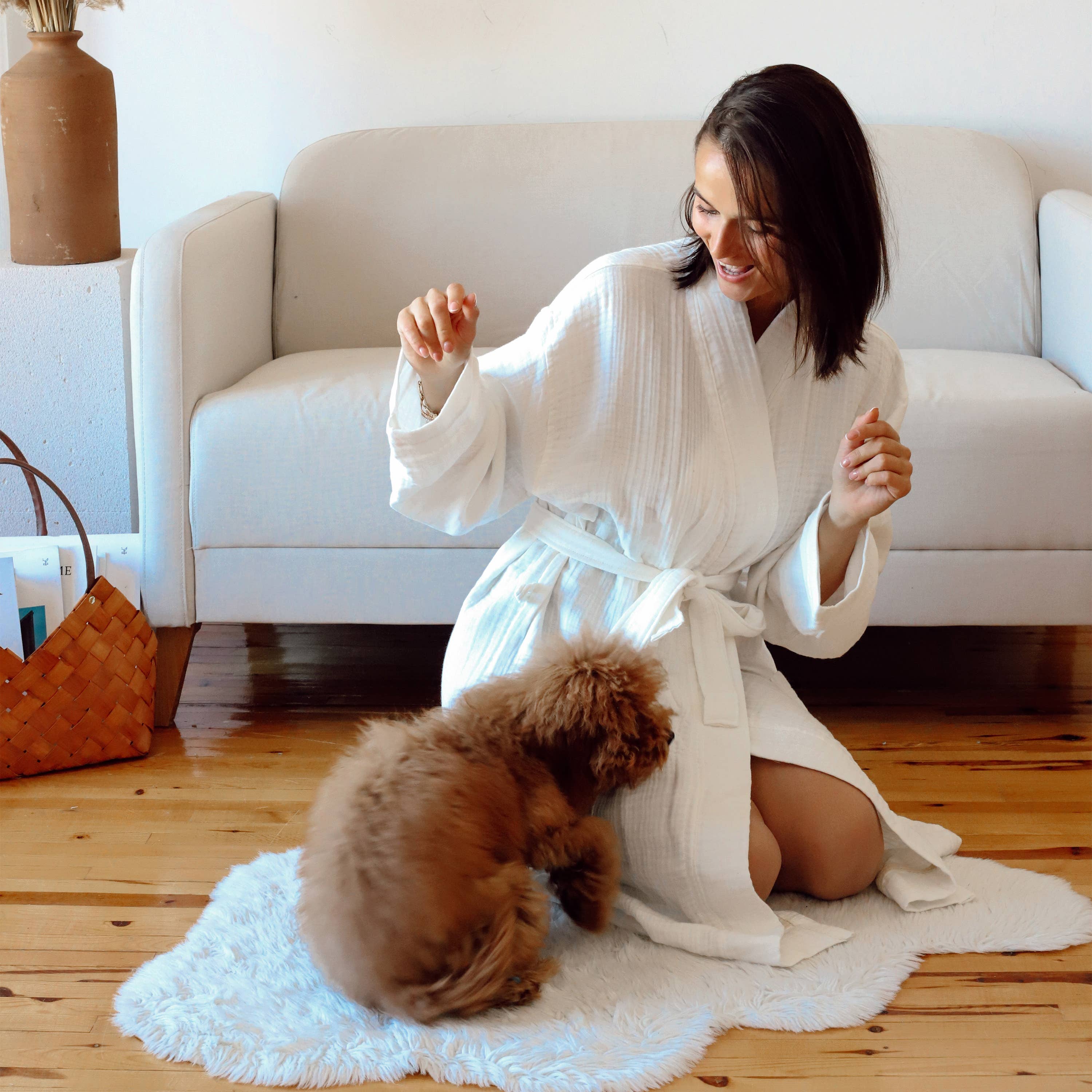 4-Layer Muslin Kimono Robe by VivaMaison | Light Beige