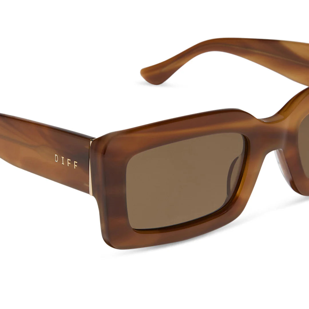 Brown sunglasses with a brand logo on a white background