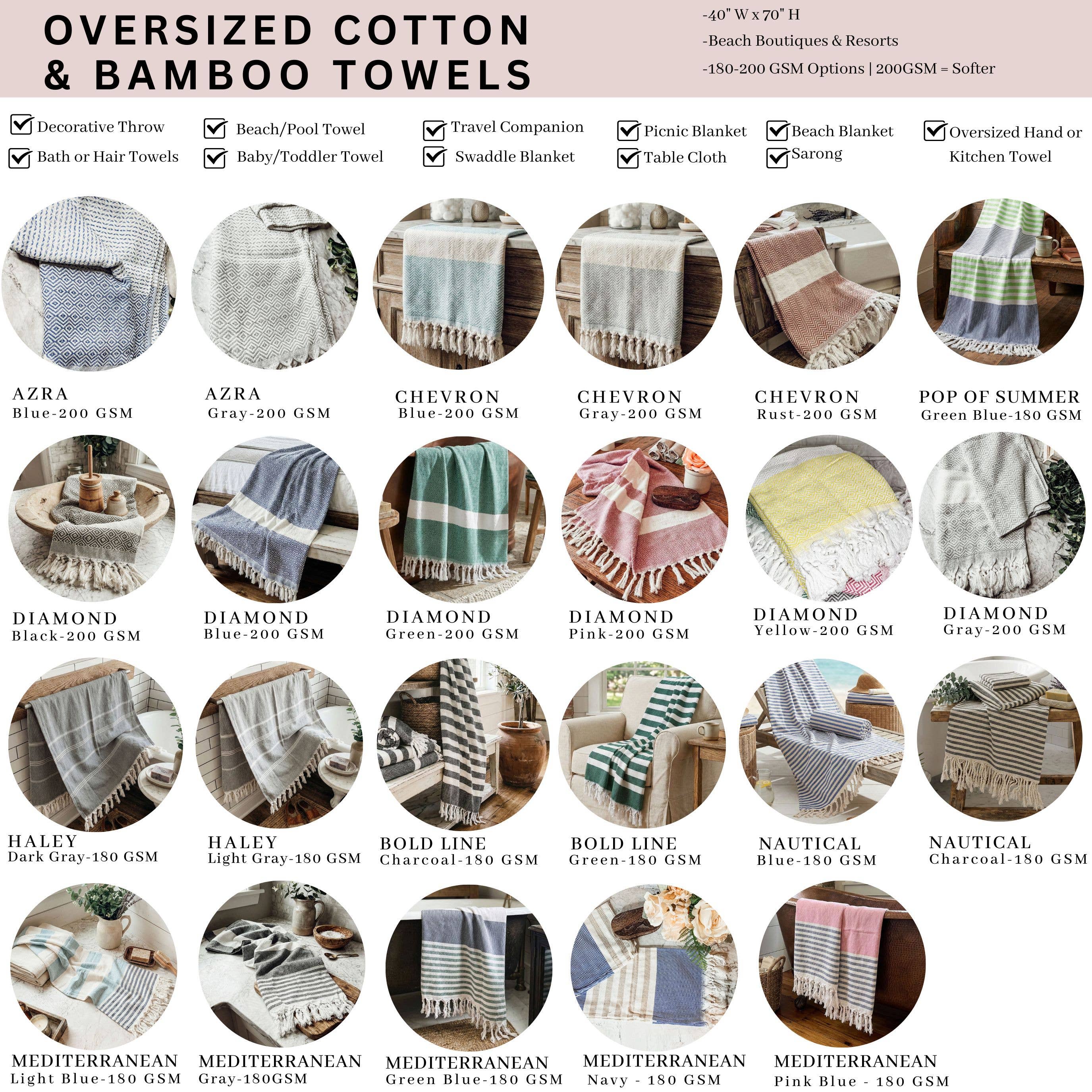 Turkish Towels Large, 100% Cotton Towels | 40x70" | 200 GSM - Zen&Zip