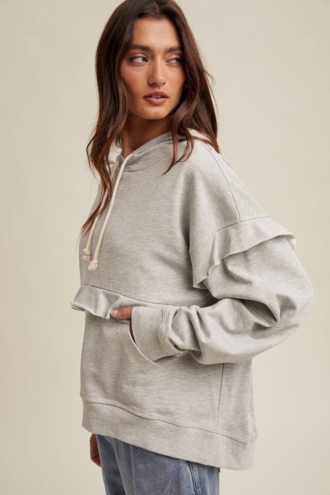 French Terry Ruffle Detail Hooded Sweatshirt by Wishlist Apparel | H.Grey - Zen&Zip