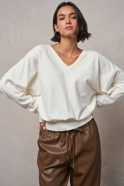 V-Neck Drop Shoulder Sweater by Urban Daizy | Ivory