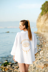 Evil Eye Muslin Kimono Robe / Poncho by Moa | White - Zen&Zip