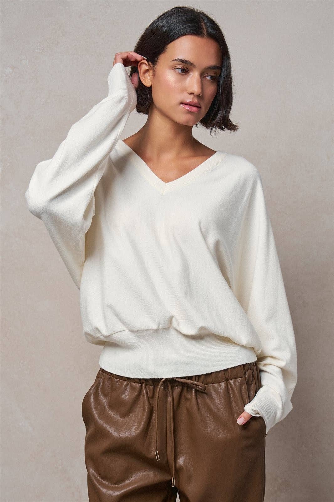 V-Neck Drop Shoulder Sweater by Fashion Week| Ivory