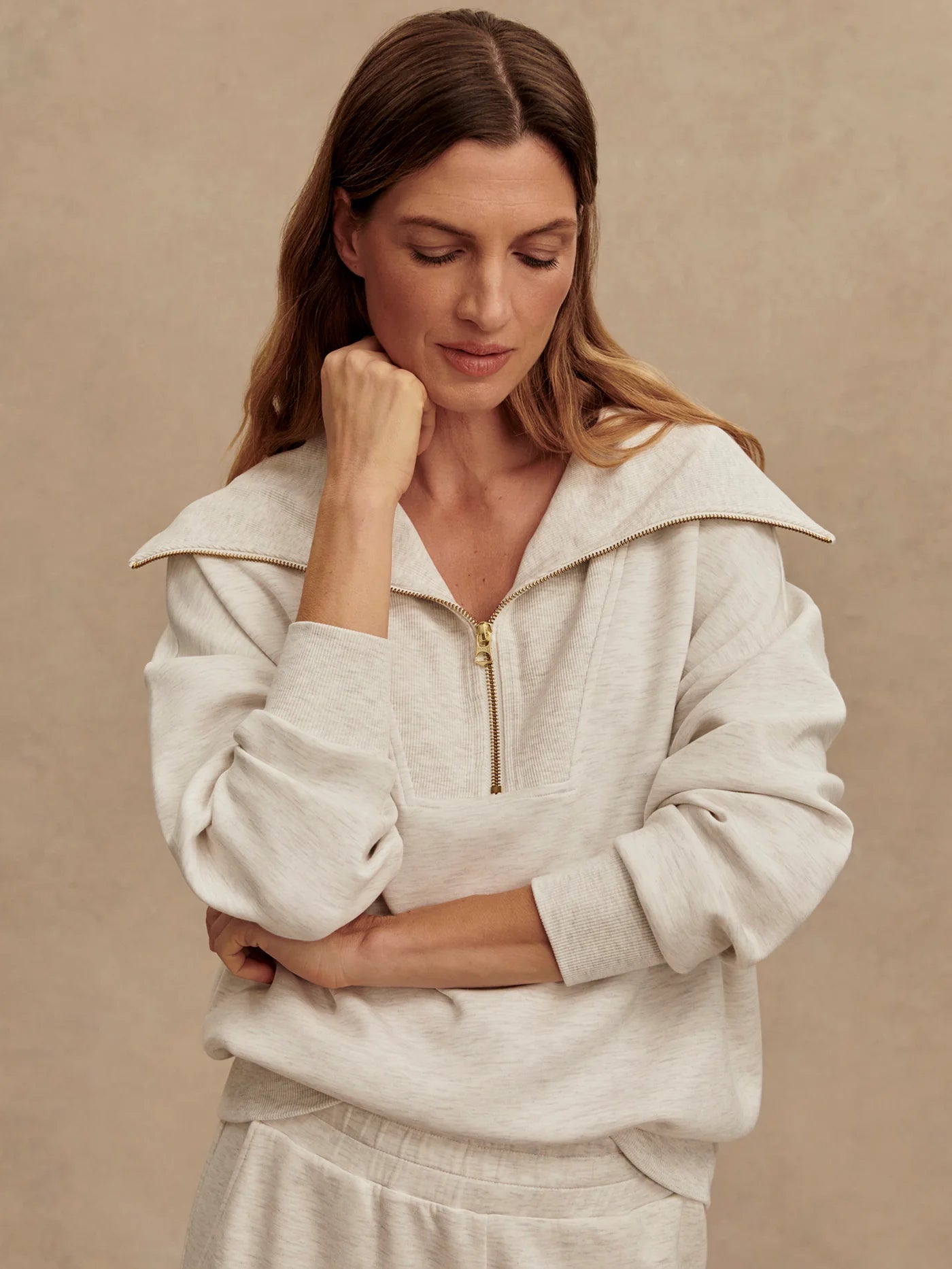 Catherine Half Zip Sweat by Varley | Ivory Marl Fleck