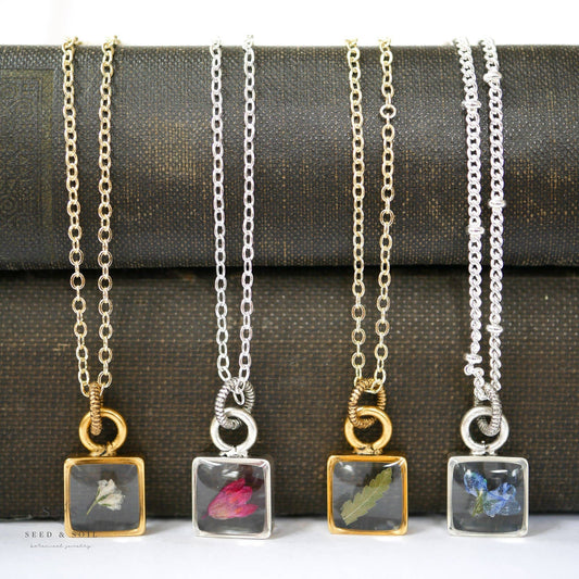 Tiny Square Pendant: Forgetmenot / Gold / 18" Satellite Chain - Zen&Zip