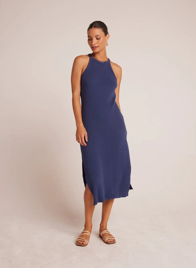 Fitted Halter Midi Dress Nautical Navy