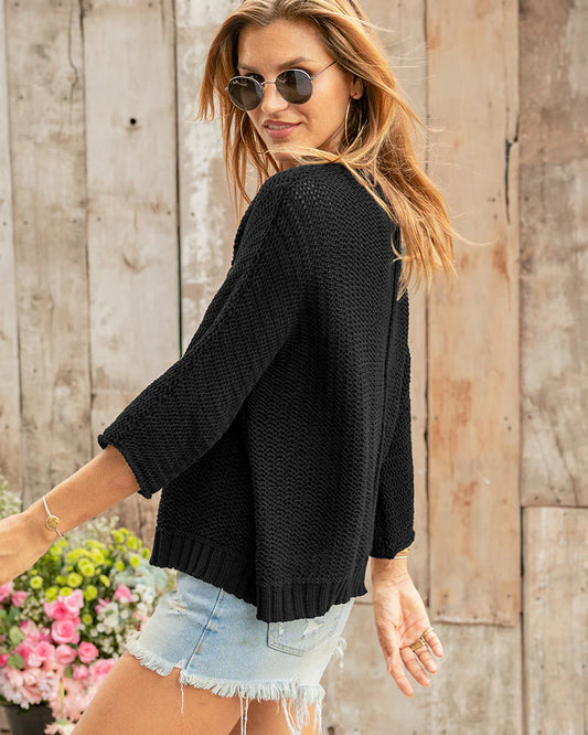 Kaya 3/4 Sleeve V Cotton Sweater by Wooden Ships | Black - Zen&Zip